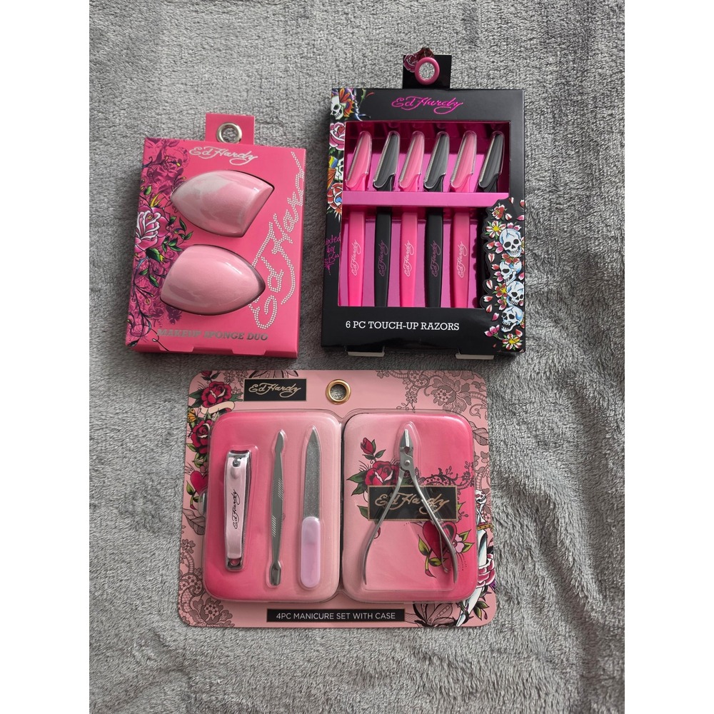 Ed Hardy Beauty Bundle Manicure Set Makeup Sponges and Touch-Up Razors Pink